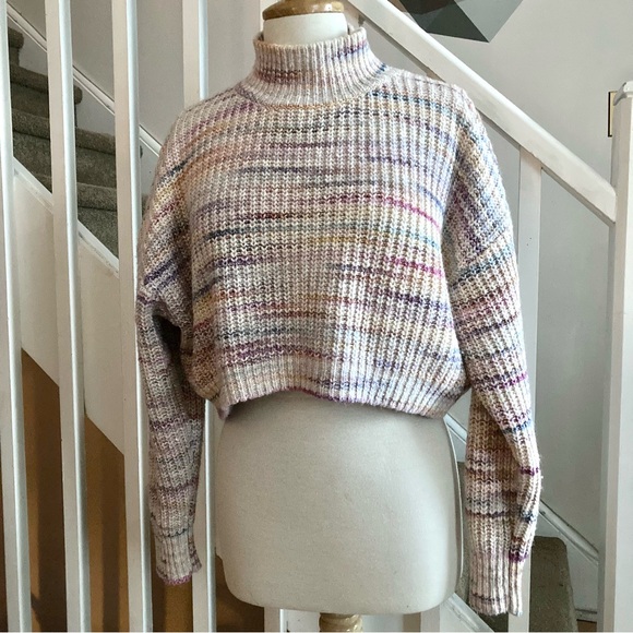 Mango Sweaters - Mango Multicolor Knit Cotton Wool Blend Cropped Mock Neck Pullover Sweater
